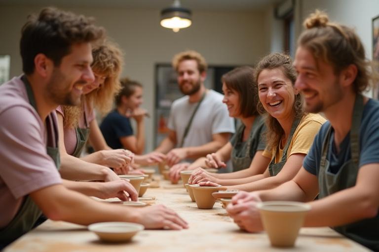 Persone sorridenti durante un laboratorio di ceramica.